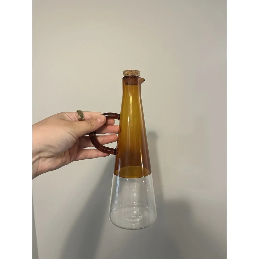 Amber Clear Glass Decanter Cone Shape with Handle Cork Stopper Glossy Finish